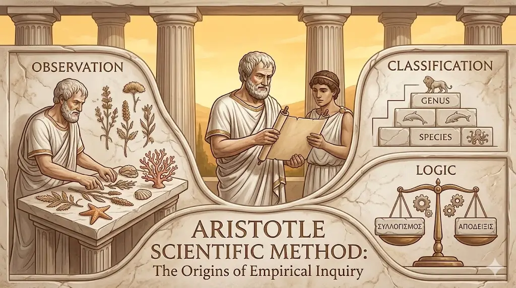 An educational infographic-style illustration depicting the Aristotle scientific method, featuring a central portrait of Aristotle with a scroll, flanked by three panels: "Observation" showing him examining marine life and plants, "Classification" illustrating a hierarchy of genus and species, and "Logic" featuring a scale of justice with Greek text to represent deductive reasoning.