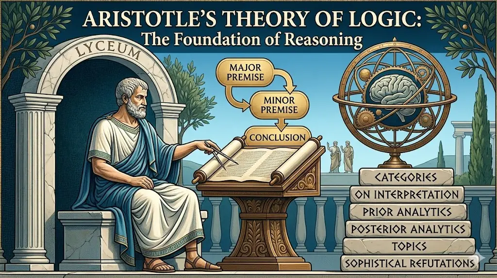 A mosaic-style illustration featuring Aristotle seated at the Lyceum, pointing to a diagram of a syllogism and a stack of books representing the Organon, titled "Aristotle's Theory of Logic: The Foundation of Reasoning."