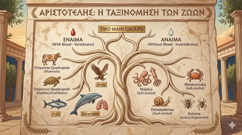 An educational infographic illustrating Aristotle's Classification of Animals, featuring a stone-carved tree diagram. The left side shows "Enaima" (with blood) including mammals, birds, and fish, while the right side shows "Anaima" (without blood) including mollusks, crustaceans, and insects.