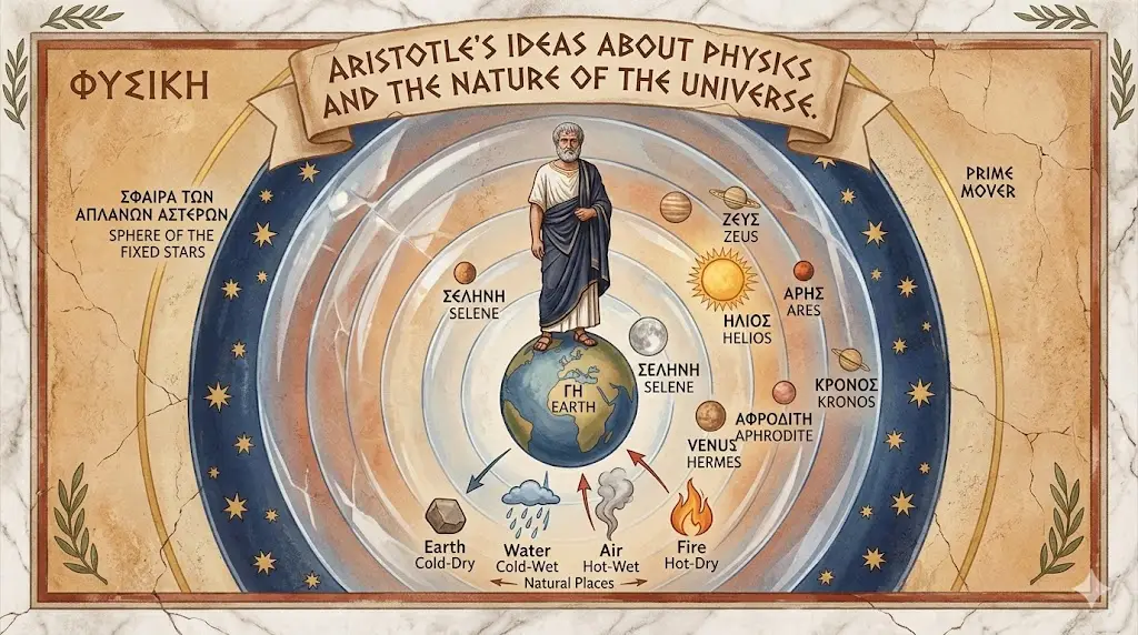 A vintage-style diagram illustrating Aristotle ideas about physics and his geocentric model, featuring a stationary Earth at the center surrounded by concentric celestial spheres for the Sun, Moon, and planets, with a bottom section detailing the four elements (Earth, Water, Air, and Fire) and their natural places.