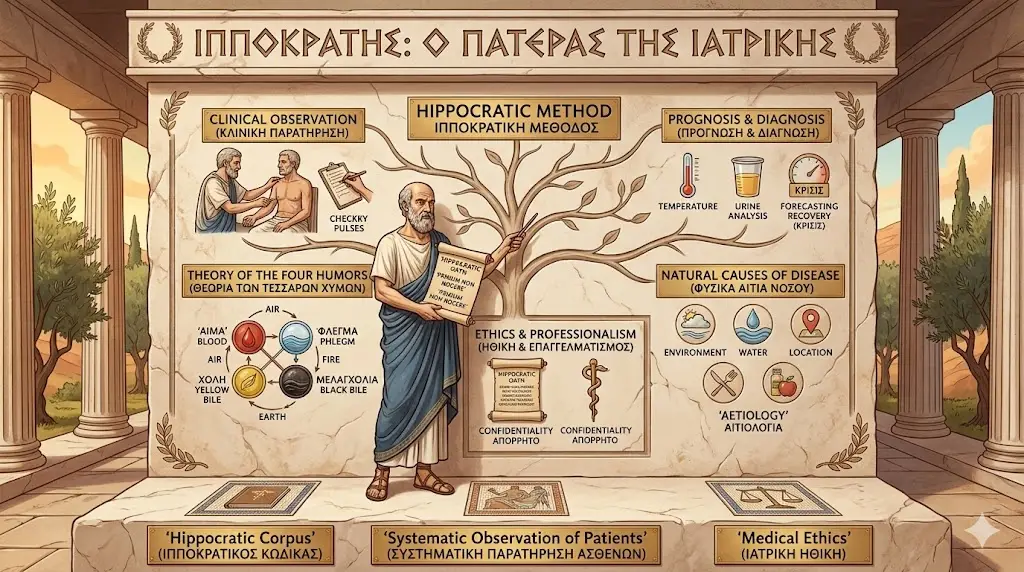 An educational infographic illustrating the life and legacy of Hippocrates: Father of Medicine, set against a classical Greek stone monument. The central figure of Hippocrates holds the Hippocratic Oath, surrounded by detailed panels explaining the Hippocratic Method. Key sections include the Theory of the Four Humors (Blood, Phlegm, Yellow Bile, Black Bile), methods of Clinical Observation (checking pulses and urine analysis), and the shift toward finding Natural Causes of Disease in the environment. The base of the monument features the Hippocratic Corpus and emphasizes Medical Ethics and systematic patient care.
