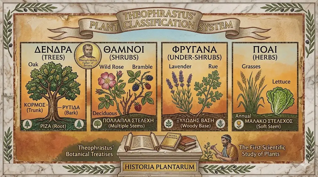 An educational mosaic-style infographic detailing Theophrastus’ Plant Classification System, divided into four distinct panels: Trees (with an oak tree), Shrubs (wild rose and bramble), Under-shrubs (lavender and rue), and Herbs (grasses and lettuce). Each panel includes Greek and English anatomical labels such as "Trunk," "Multiple Stems," and "Woody Base." The bottom features a marble pedestal with Theophrastus’ Botanical Treatises (Historia Plantarum), illustrating the first scientific study of plants in an ancient classical aesthetic.