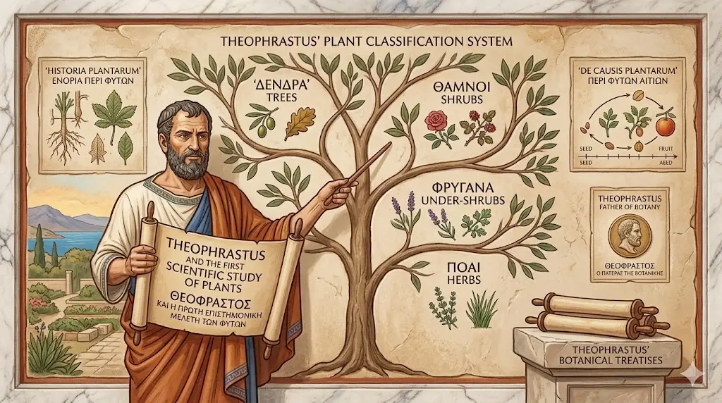 An educational infographic illustrating the first scientific study of plants by Theophrastus, featuring a central classification tree diagram. The diagram includes four categories of plants: Trees, Shrubs, Under-shrubs, and Herbs, with Greek and English labels and illustrations. Smaller panels highlight his botanical treatises, Historia Plantarum and De Causis Plantarum, and his profile as the Father of Botany. The artwork is in the style of an ancient Greek fresco on textured plaster.