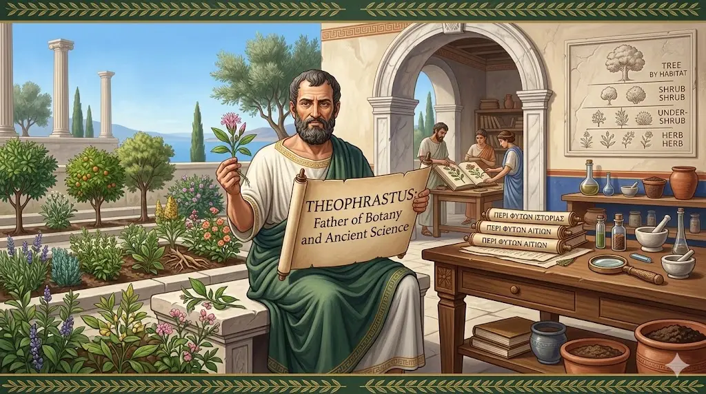 An educational featured image illustrating Theophrastus as the 'Father of Botany', featuring a central portrait of the ancient Greek philosopher examining a Theophrasta plant in a botanical garden, surrounded by categorized plant samples, scrolls of his works (Historia Plantarum), and collaborative study in a classical setting.