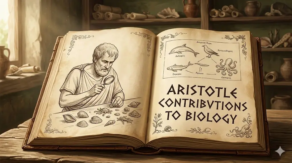 An illustration of Aristotle examining sea life and shells with a magnifying glass, presented in an open ancient manuscript titled "Aristotle Contributions to Biology" featuring sketches of a dolphin, bird, fish, and octopus.