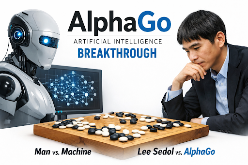 Illustration showing the AlphaGo Artificial Intelligence Breakthrough, featuring a robot AI system playing Go against Lee Sedol with a neural network display representing advanced AI learning.