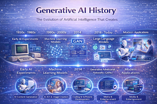 Infographic illustrating the generative AI history, showing the evolution from early AI experiments and machine learning models to modern generative technologies like GANs, large language models, and AI-powered content creation applications.