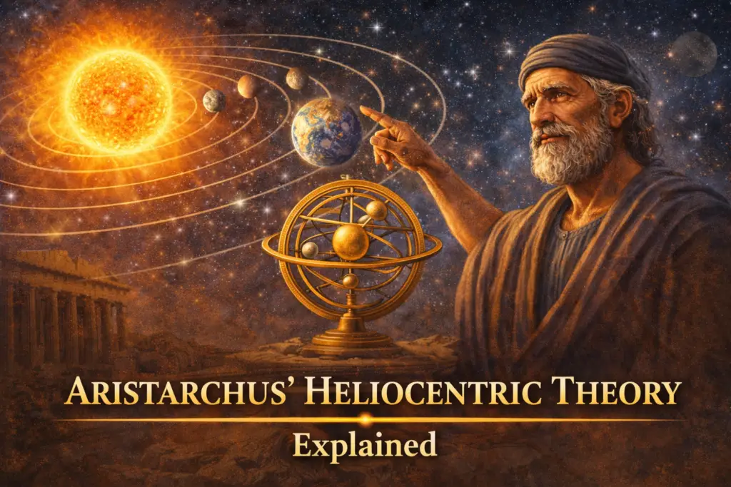 Illustration of Aristarchus of Samos presenting his heliocentric theory, pointing toward the Sun at the center of the solar system with Earth and other planets orbiting it, an armillary sphere in the foreground, and an ancient Greek temple under a starry sky in the background.
