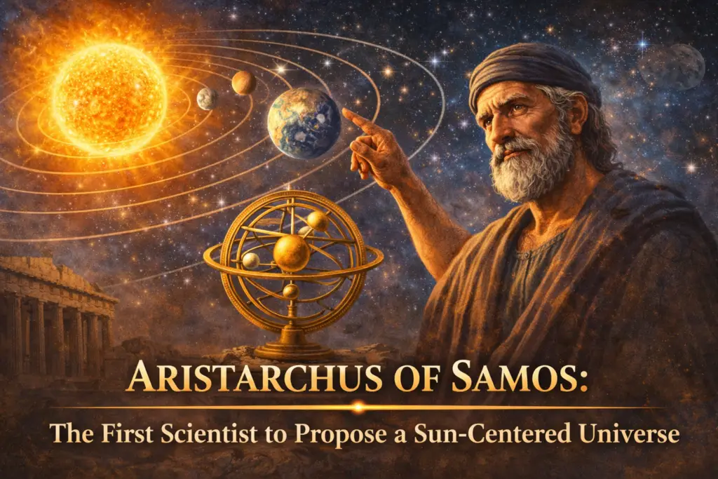 Digital illustration of Aristarchus of Samos presenting a heliocentric model of the solar system, pointing at the Sun with Earth and other planets orbiting it, set against a starry sky with an ancient Greek temple and an armillary sphere in the foreground, highlighting his contribution to astronomy and the first sun-centered universe theory.