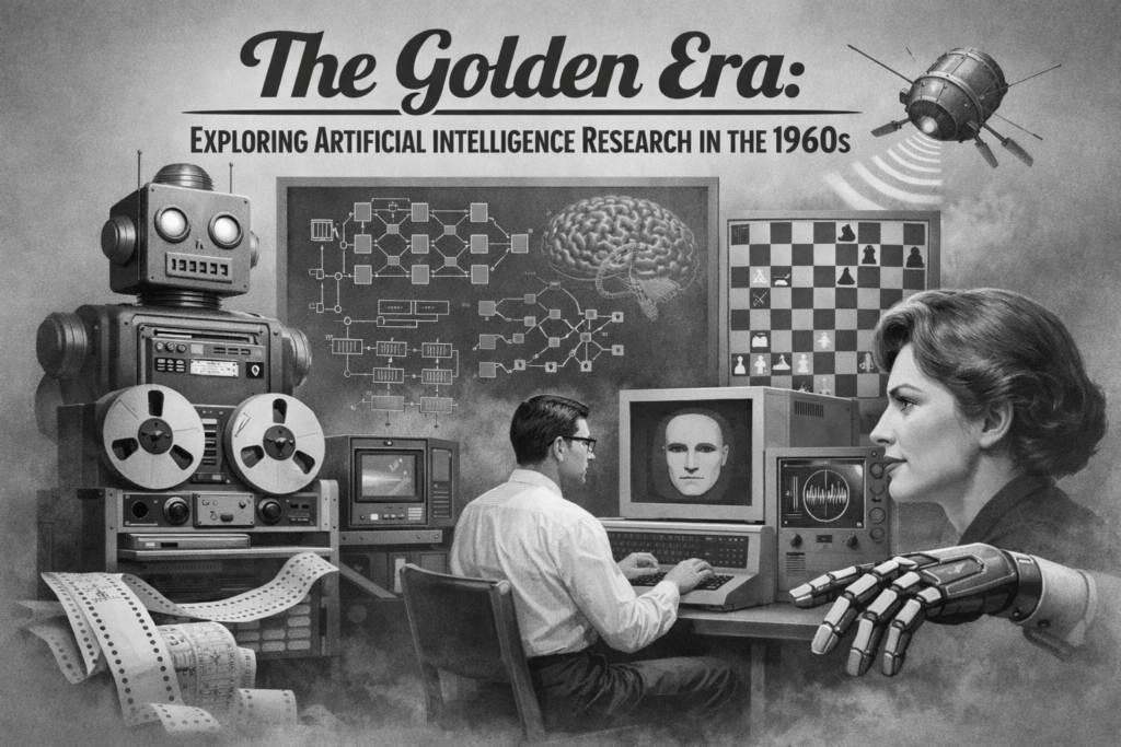 A monochrome illustration depicting Artificial Intelligence Research in the 1960s, showcasing early computing environments and retro technology. A scientist is seated at a vintage computer, symbolizing the foundational work in artificial intelligence during that era. Classic elements like a large robot, reel-to-reel machines, and early monitors highlight the technological landscape of the time. Diagrams of neural networks and a chessboard reflect key research areas in Artificial Intelligence Research in the 1960s. The composition blends human intelligence and machine innovation, emphasizing the experimental nature of early AI development. Overall, the image captures the pioneering spirit and historical significance of Artificial Intelligence Research in the 1960s.