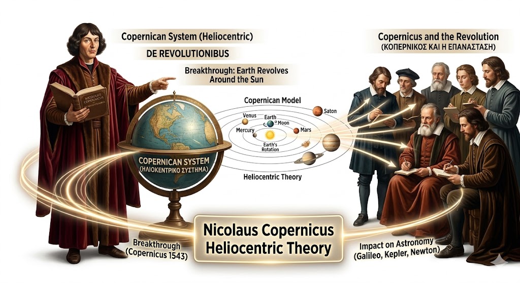 An educational infographic illustrating the nicolaus copernicus heliocentric theory, featuring Copernicus presenting his Sun-centered solar system model. The visual highlights his landmark work, De Revolutionibus, and traces the breakthrough's impact on later scientific giants like Galileo, Kepler, and Newton.