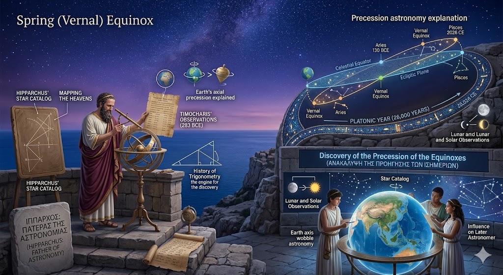 An educational infographic illustrating the Discovery of the Precession of the equinoxes, showing Hipparchus comparing his observations to the earlier records of Timocharis. The visual features a detailed diagram of the Earth's axial precession explained through a 26,000-year "Platonic Year" cycle, shifting the vernal equinox through constellations like Aries and Pisces. Modern students are shown interacting with a glowing globe to understand earth axis wobble astronomy, highlighting the transition from the Hipparchus’ Star Catalog to the widespread Influence on Later Astronomer figures in the field of celestial motion.
