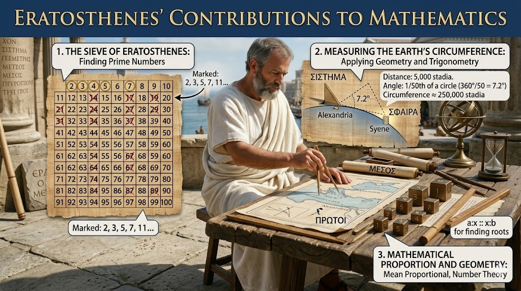 A detailed educational infographic titled 'Eratosthenes’ Contributions to Mathematics', showing the ancient Greek scholar, in a toga and beard, working at a desk surrounded by three labeled sections with complex diagrams and calculations: (1) The Sieve of Eratosthenes for finding prime numbers, (2) Measuring the Earth’s Circumference with geometry and trigonometry, and (3) Mathematical Proportion and Geometry illustrating mean proportional and number theory with small, numbered geometric blocks. The background features a detailed view of the Pharos Lighthouse of Alexandria and the ancient city.