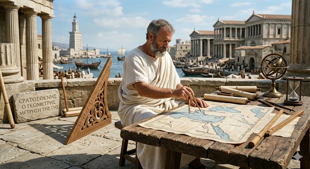 A realistic, wide-angle historical reconstruction of Eratosthenes at work in ancient Alexandria. The scholar, an older man with a grey beard and a white toga, sits at a rustic wooden table overlooking a bustling Mediterranean harbor with the famous Pharos Lighthouse in the background. He is focused on a large parchment map of the Nile, using a brass compass and calipers to measure distances between the cities of Alexandria and Syene. Surrounding him are the tools of a Hellenistic polymath: rolled papyrus scrolls, an armillary sphere, an hourglass, and a large wooden gnomon used for tracking shadows. To his left, a stone plaque is engraved with Greek text, and the warm sunlight suggests a clear, late morning in the 3rd century BCE.