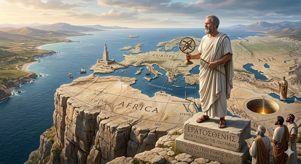 A striking composite image centered on a statue of Eratosthenes, rendered in the distinct style of image_0.png with his grey beard and toga, holding his armillary sphere and measuring rod. He stands on a prominent cliff edge, and the world below him is transformed into a giant, textured 3D map of the known world (Europe, Asia, Africa), labeled in Greek script, with the Pharos Lighthouse of Alexandria visible in the background and a gnomon nearby, mirroring the detailed map in image_0.png. Below him, two large stone plaques are integrated into the rock face, bearing the inscriptions: "ΕΡΑΤΟΣΘΕΝΗΣ / ΚΑΙ Η ΓΕΝΝΗΣΗ ΤΗΣ ΓΕΩΓΡΑΦΙΑΣ" (Eratosthenes and the Birth of Geography) and "ΠΡΩΤΟΣ ΓΕΩΓΡΑΦΟΣ ΚΑΙ ΧΑΡΤΟΓΡΑΦΟΣ" (First Geographer and Cartographer). The sunset over the sea in the background provides a majestic light, highlighting the scales of latitude and longitude (120, 150, 180) that crisscross the map at his feet.