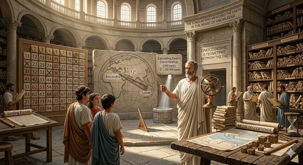 A majestic, wide-angle interior of the Library of Alexandria, where Eratosthenes stands as the Chief Librarian, holding an armillary sphere while teaching a group of young scholars. The grand circular hall is filled with floor-to-ceiling shelves of papyrus scrolls, while large stone installations behind him display his greatest works: a giant 1-100 grid for the Sieve of Eratosthenes and a massive carved map explaining his Earth circumference calculation. The scene is illuminated by natural light from high clerestory windows, highlighting the intersection of ancient geography, mathematics, and the preservation of world knowledge.