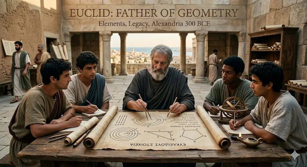 A realistic historical depiction of Euclid, an elderly Greek scholar with a grey beard, teaching a group of young students in ancient Alexandria. They are gathered around a wooden table where a large parchment scroll displays geometric diagrams of circles, triangles, and polygons. Euclid uses a compass to demonstrate a theorem, while the students observe intently and take notes on their own scrolls. The setting is an open-air stone terrace with columns, overlooking a distant Mediterranean cityscape under a clear sky.