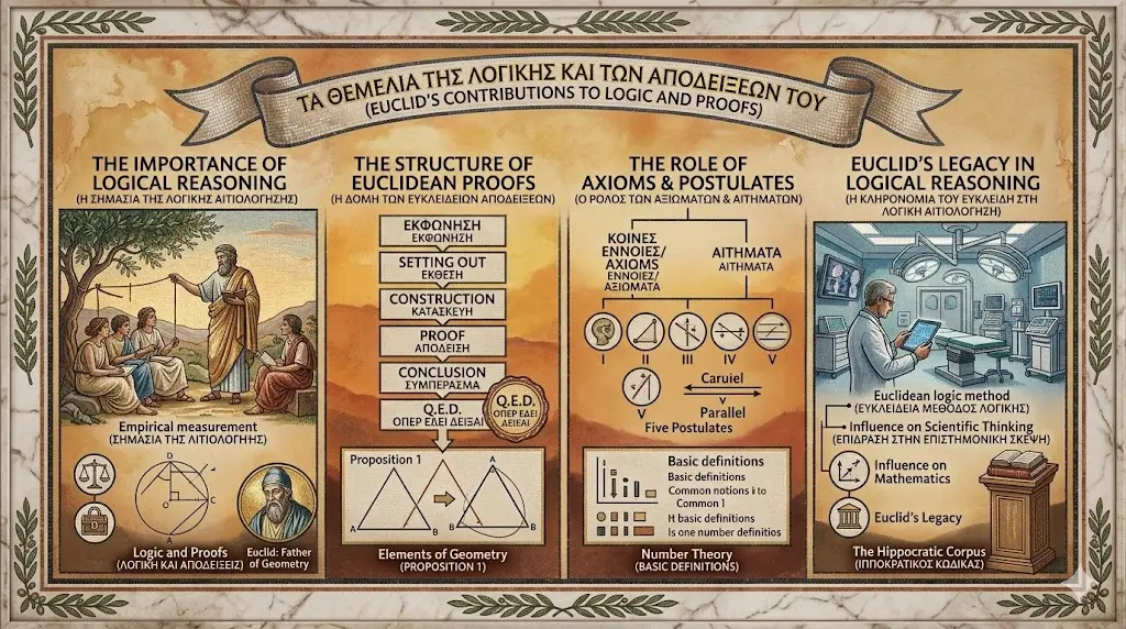 An educational infographic illustrating Euclid’s Contributions to Logic and Proofs, organized into four instructive panels. It details the transition from empirical measurement to formal Logic and Proofs, the step-by-step structure of Euclidean deduction leading to "Q.E.D.", and the foundational role of Postulates and Axioms. The visual connects ancient Greek mathematics to modern scientific thinking, showcasing how the Elements of Geometry provided the framework for everything from medical ethics to modern surgery.