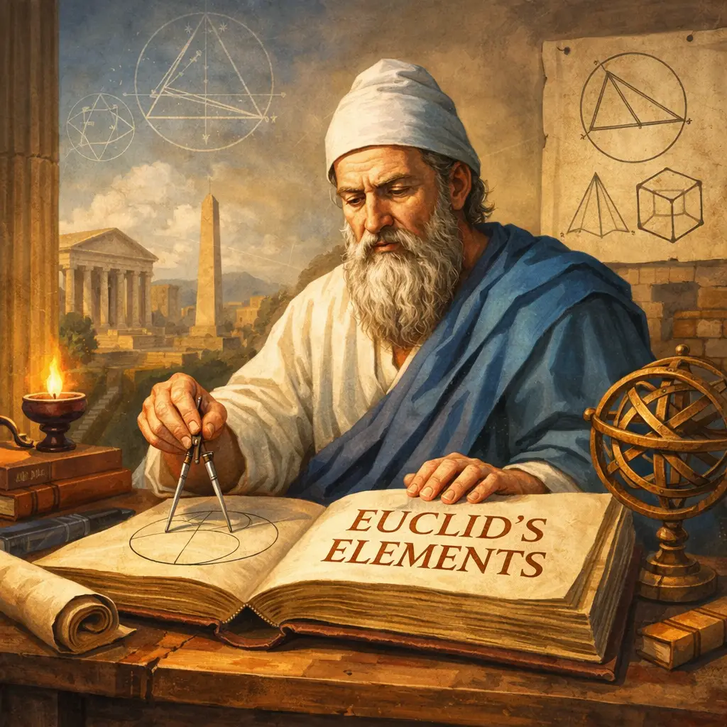Euclid teaching geometry while drawing geometric diagrams from his famous book Elements in ancient Greece.