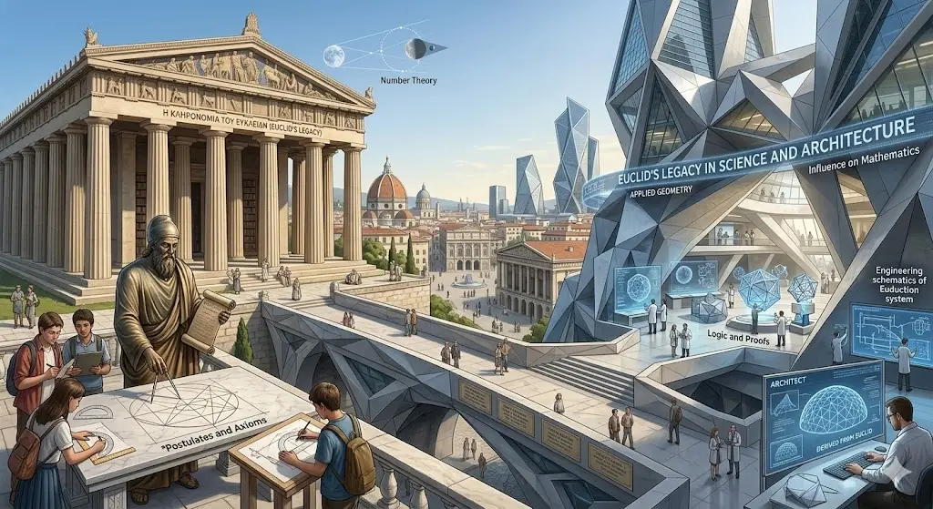 A realistic, side-by-side visual representation of Euclid’s Legacy in Science and Architecture, transitioning from a classical Greek temple to a futuristic geometric skyscraper. On the left, a statue of Euclid stands near students studying Postulates and Axioms on stone tablets, while the right side features modern scientists and architects using digital schematics derived from Euclid’s Elements. The scene captures the evolution of Logic and Proofs as they move from ancient hand-drawn geometry to advanced 3D modeling and engineering. Celestial diagrams in the background highlight his influence on Number Theory and astronomy, bridging the gap between historical foundation and modern innovation.