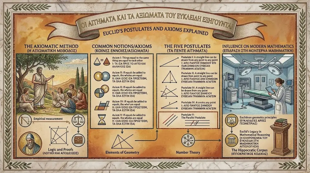 An educational infographic titled Euclid’s Postulates and Axioms Explained, featuring four distinct panels that break down the foundations of ancient geometry. It displays the "Common Notions" or axioms as universal logical truths alongside a detailed list of the Five Postulates, including a specific visual for the famous Parallel Postulate. The imagery contrasts ancient teaching scenes of Euclid: Father of Geometry with a modern medical setting, illustrating how these Euclidean geometry principles directly inform contemporary precision and scientific reasoning. The design uses a parchment-style aesthetic to emphasize the historical Euclid’s Legacy across mathematics, physics, and beyond.