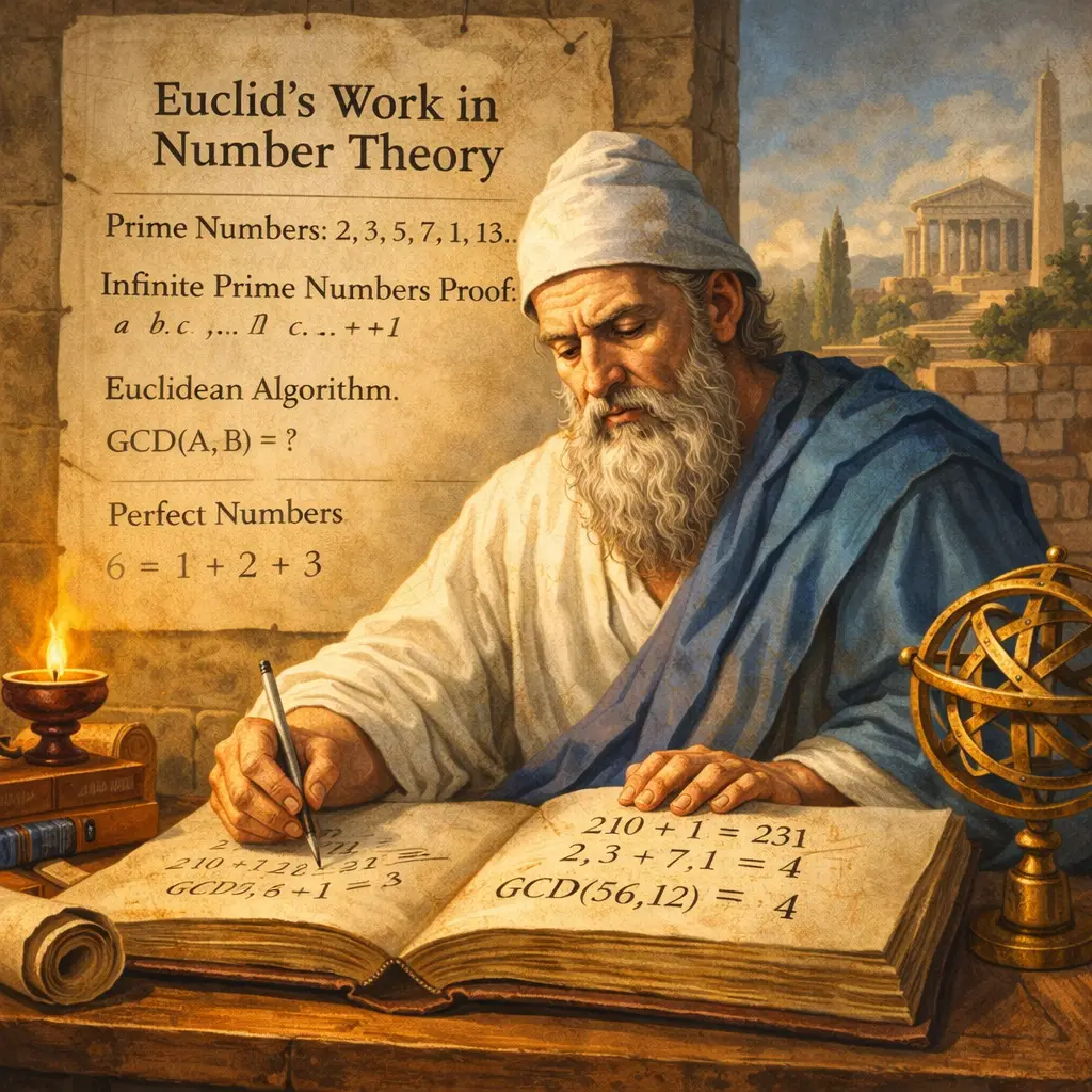 Illustration of the ancient Greek mathematician Euclid studying number theory while writing mathematical formulas in a large manuscript. The scene shows geometric tools, scrolls, and classical Greek architecture in the background. Mathematical concepts such as prime numbers, the Euclidean algorithm, and number sequences are displayed beside him. The image represents Euclid’s foundational contributions to number theory and early mathematics.