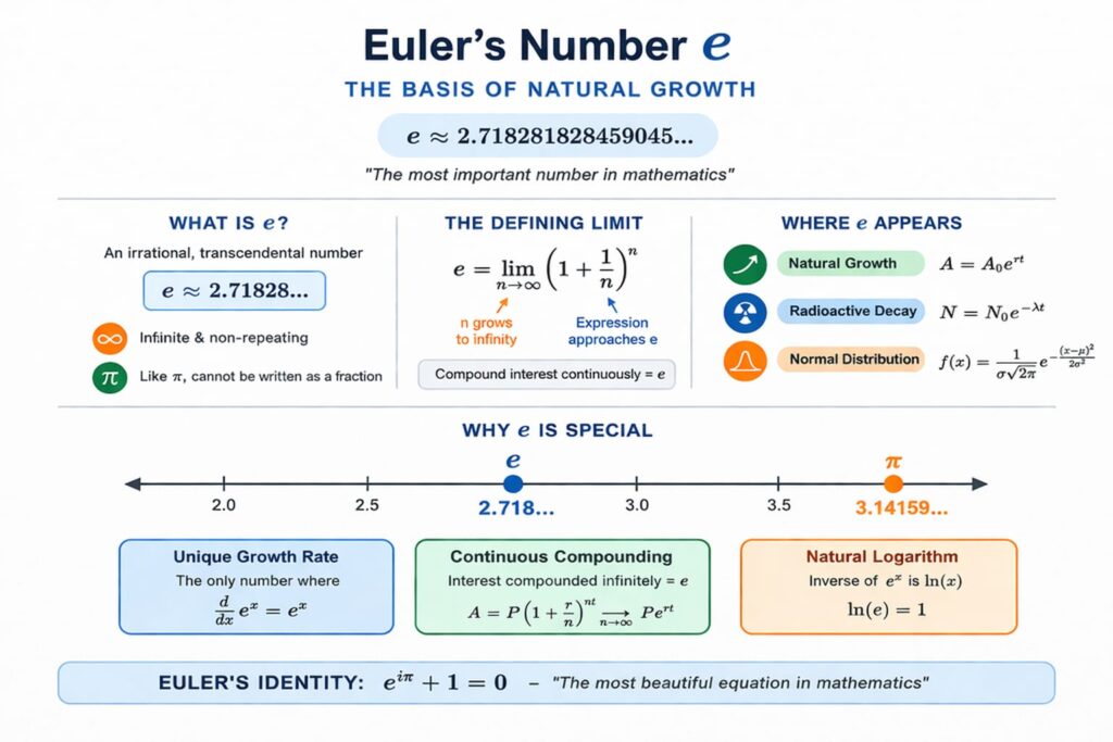 Euler number e infographic on a clean white background explaining its mathematical importance. The image highlights the value of e ≈ 2.71828 and its role in natural growth and calculus. It shows the defining limit formula and key properties of the euler number e. Visual sections explain where the euler number e appears, such as compound interest and probability. Clear diagrams and formulas make understanding the euler number e simple and engaging. A structured layout presents concepts like exponential functions and logarithms related to euler number e.