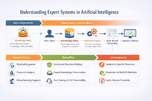 An infographic explaining expert systems in artificial intelligence. It outlines the key components such as the knowledge base, inference engine, and user interface. The flow demonstrates how expert systems work through rule-based reasoning to provide answers or advice. The infographic also highlights the applications, benefits like consistent decision-making, and limitations, such as being limited to specific domains. Color-coded sections help break down complex concepts for easy understanding.