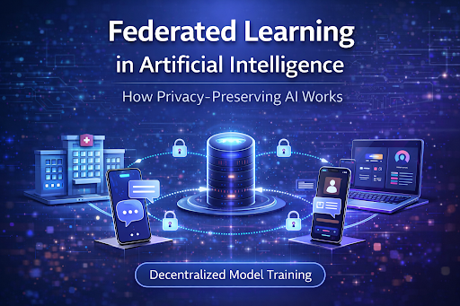 The Incredible Rise of Federated Learning in Artificial Intelligence: How Privacy-Preserving AI Works Infographic illustrating federated learning in artificial intelligence, showing decentralized AI model training where multiple devices and organizations collaborate to train a shared model while keeping data private. The image highlights secure connections, distributed data sources, and privacy-preserving machine learning.