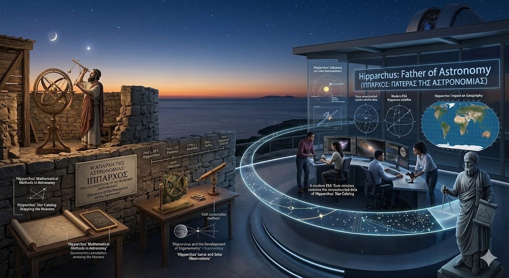 An educational infographic titled Hipparchus: Father of Astronomy, illustrating the bridge between ancient celestial observation and modern space science. On the left, a realistic depiction of Hipparchus uses an armillary sphere and sighting tubes alongside scrolls of Hipparchus’ Star Catalog. To the right, modern astronomers utilize digital displays and ESA satellite data to show Hipparchus’ Influence on Later Astronomers, including his foundational work in trigonometry and the Discovery of the Precession of the Equinoxes. The central timeline links these eras, showcasing how his early Mathematical Methods in Astronomy evolved into modern global mapping and deep-space exploration.