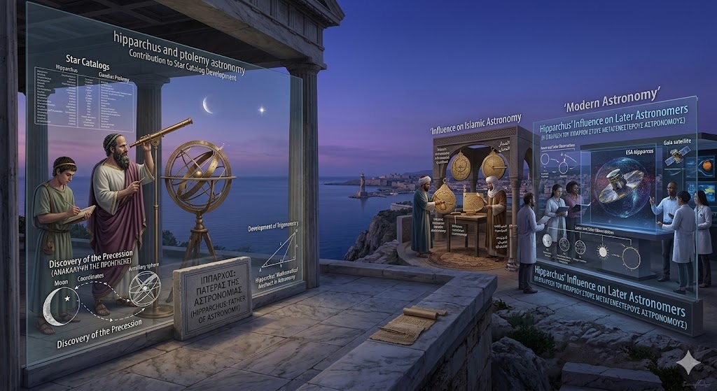 An educational infographic illustrating Hipparchus’ Influence on Later Astronomers across a historical timeline. On the left, Hipparchus is shown in ancient Greece establishing the foundational Star Catalog and the Discovery of the Precession. The central panel depicts the Influence on Islamic Astronomy, with scholars in a traditional observatory refining his data. The final section highlights his legacy in Modern Astronomy, showing researchers with advanced technology and the ESA Hipparcos satellite, demonstrating how his Lunar and Solar Observations and Development of Trigonometry continue to guide celestial mapping today.s