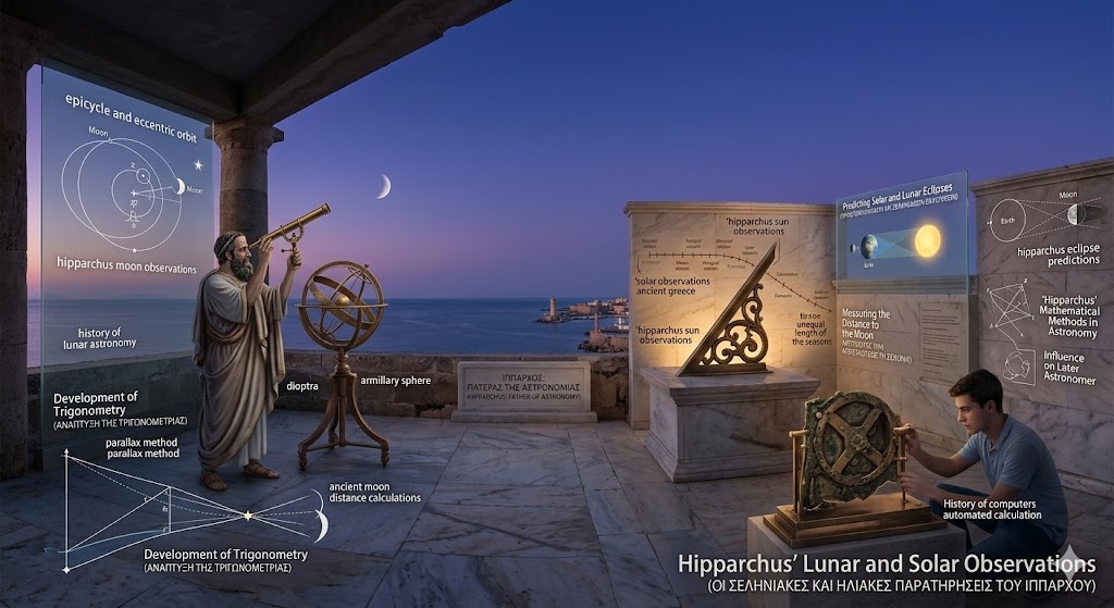 An educational infographic illustrating Hipparchus’ Lunar and Solar Observations on a coastal terrace in Rhodes. The image depicts Hipparchus using a dioptra and armillary sphere to track the heavens, alongside diagrams explaining the parallax method for ancient moon distance calculations. To the right, a modern student examines the Antikythera mechanism, highlighting the Influence on Later Astronomer figures and the transition from Hipparchus’ Mathematical Methods in Astronomy to the history of computers and automated celestial prediction.