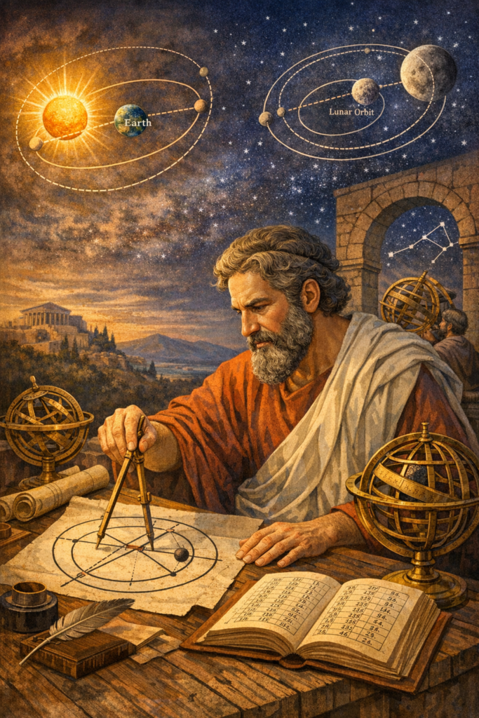Illustration of the ancient Greek astronomer Hipparchus using geometric tools to study the motion of the Sun, Earth, and Moon. Celestial diagrams and orbital paths appear in the night sky above him, representing mathematical astronomy. The scene includes ancient instruments like an armillary sphere and compass on a wooden table. The image highlights Hipparchus’ mathematical methods used to analyze celestial movements.