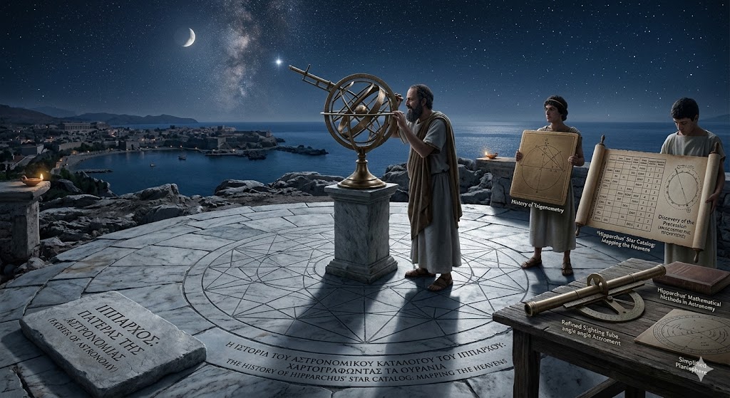 A realistic historical depiction of the creation of Hipparchus’ Star Catalog, featuring the Greek astronomer on a stone terrace in Rhodes. He is shown aligning a bronze armillary sphere and refined sighting tubes with the night sky, while assistants display a large scroll detailing the Discovery of the Precession and geometric tablets representing the Development of Trigonometry. The scene captures the essence of mapping the heavens with ancient Hipparchus’ Mathematical Methods in Astronomy, highlighting his legacy as the Hipparchus Father of Astronomy through precise stellar data and coordinate mapping.