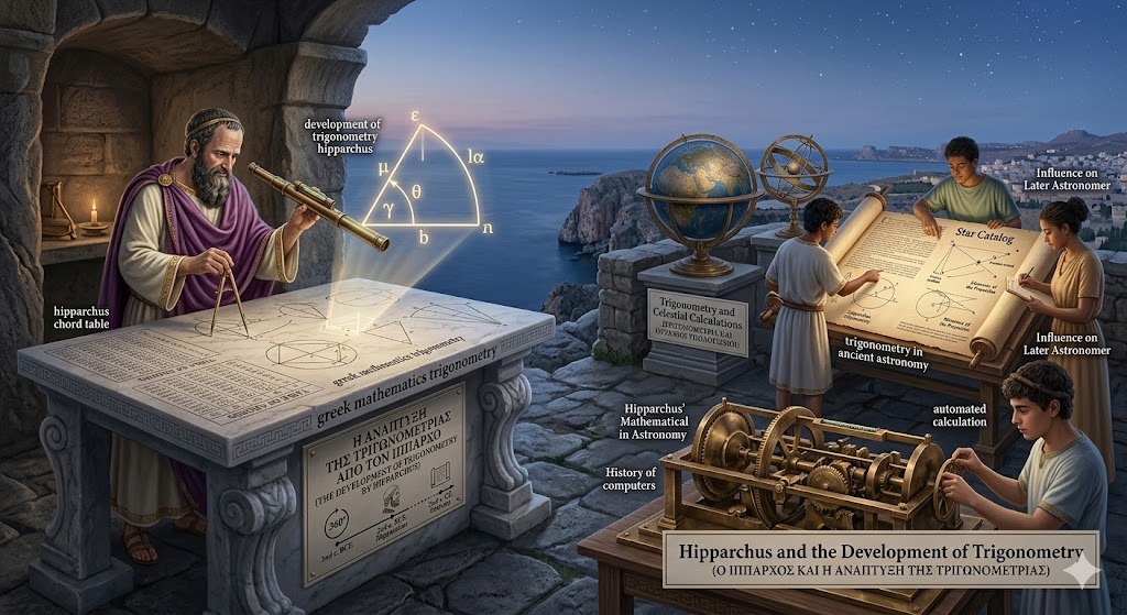 An educational infographic illustrating the historical journey of Hipparchus and the Development of Trigonometry. On the left, Hipparchus, in a detailed mantle, is actively constructing the world’s first systematic trigonometric chord table on a stone tablet using a compass and sighting tube. To the right, diverse students engage with a massive, illuminated scroll containing the Star Catalog, using the newly formed geometric principles for complex celestial calculations. A large central diagram provides the modern precession astronomy explanation, showing the shift of Earth’s axis, while a complex bronze mechanism, an early analogue computer, highlights the link between ancient math and the eventual history of computers and automated calculation, showcasing his enduring influence.