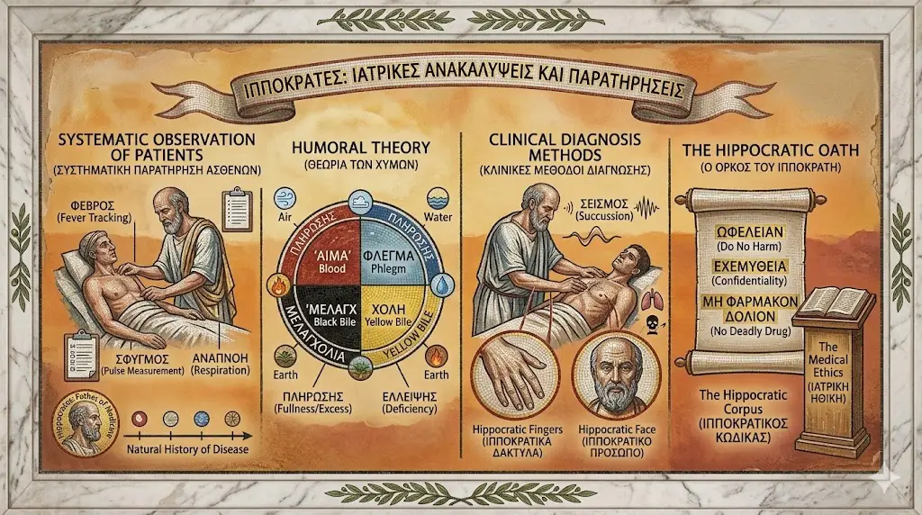 An informative and classical-style infographic titled Hippocrates Medical Discoveries and Observations, organized into four key instructional panels: Systematic Observation of Patients: A scene showing Hippocrates examining a patient, with labels for tracking fever, pulse measurement, and respiration to determine the natural history of disease. Humoral Theory: A circular diagram mapping the four humors (Blood, Phlegm, Yellow Bile, Black Bile) to their respective elements (Air, Water, Earth, Fire) and the states of excess or deficiency. Clinical Diagnosis Methods: Illustrations of "Succussion" (listening to the chest), "Hippocratic Fingers" (clubbing), and the "Hippocratic Face" (sunken features of a terminal patient). The Hippocratic Oath: A scroll listing the core ethical pillars: "Do No Harm," "Confidentiality," and "No Deadly Drug," alongside a pedestal for the Hippocratic Corpus. The artwork uses a warm, aged parchment texture with Greek and English bilingual labels to reflect the historical significance of these discoveries.