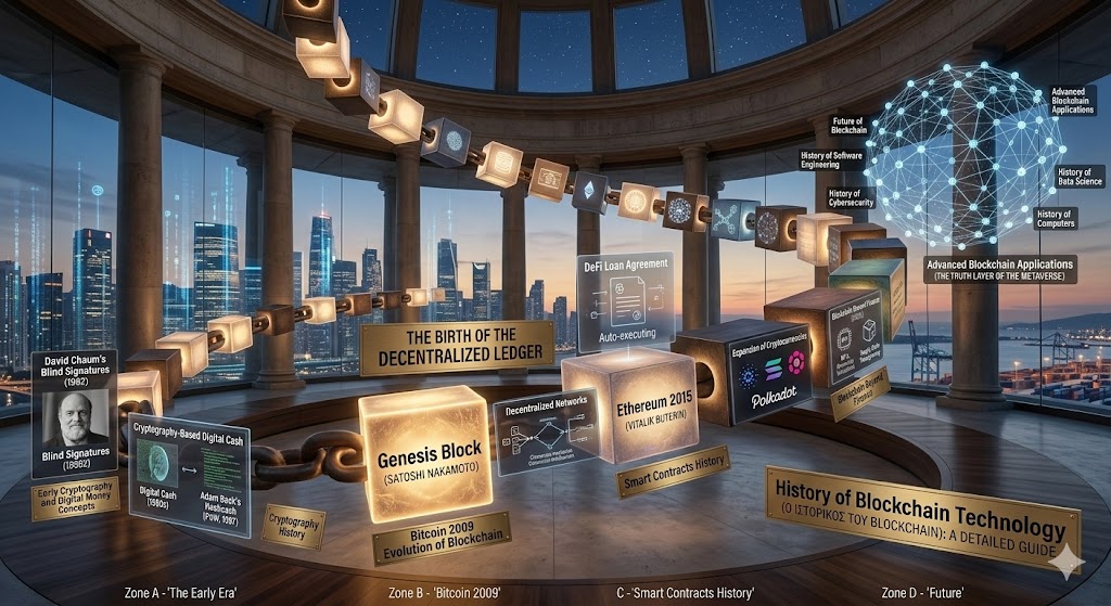 An educational infographic illustrating the History of Blockchain Technology, winding through a massive, physically realized timeline of glowing, connected blocks at twilight. On the left, the Early Era features precursors like David Chaum's Blind Signatures and Hashcash, leading up to the central Bitcoin 2009 Genesis Block that established the first distributed ledger. Further blocks detail the Smart Contracts History introduced by Ethereum 2015, moving past projects like Cardano and Polkadot into the future of Decentralized Networks and Advanced Blockchain Applications that link the truth layer to the metaverse.