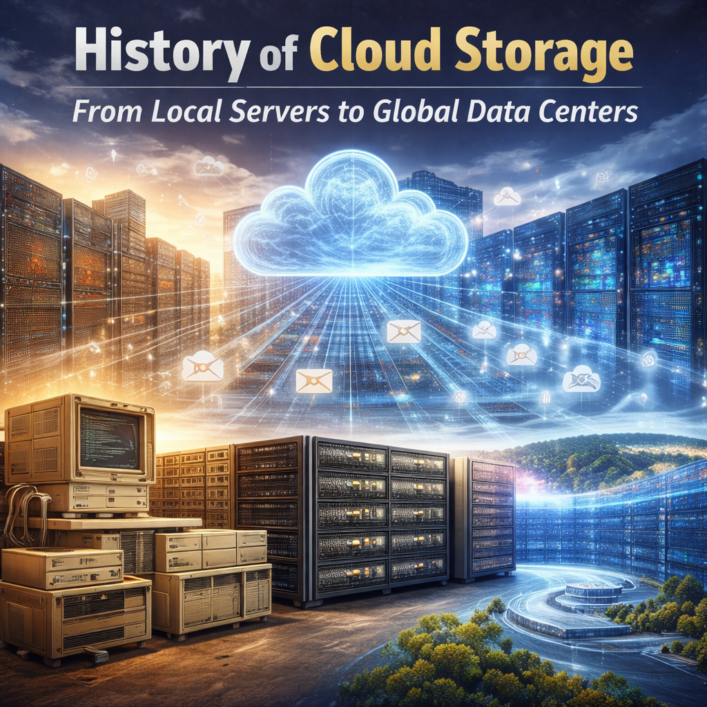 A visual illustration showing the evolution of cloud storage from early local computer servers to modern global data centers. The image features vintage computers and storage systems on one side, transitioning to large modern server racks connected through a digital cloud network. Data lines flowing through the cloud symbolize online storage and data transfer. The scene highlights how cloud storage enables global access to digital information.