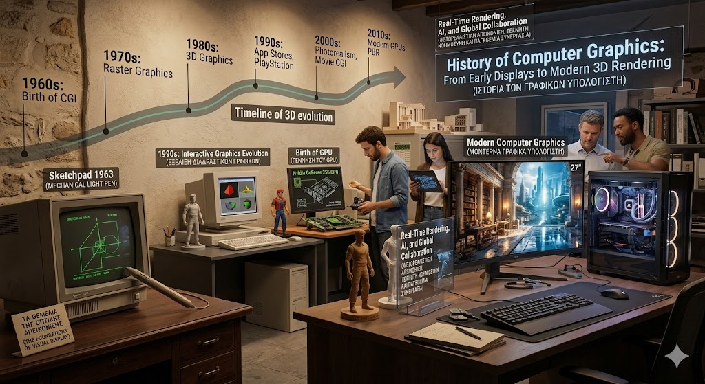 A realistic, wide-angle studio shot showcasing the History of Computer Graphics through a physical timeline of hardware. The scene transitions from a 1960s Sketchpad 1963 setup with a mechanical light pen to 1990s CRT monitors displaying early 3D Graphics, and finally to a high-end modern workstation. This current-day setup features a liquid-cooled PC and a 4K monitor displaying photorealistic, Real-Time Rendering of a classical interior. Subtle wall graphics and floating digital text highlight key milestones like the Birth of GPU and the integration of modern AI, illustrating the incredible evolution of visual display technology.
