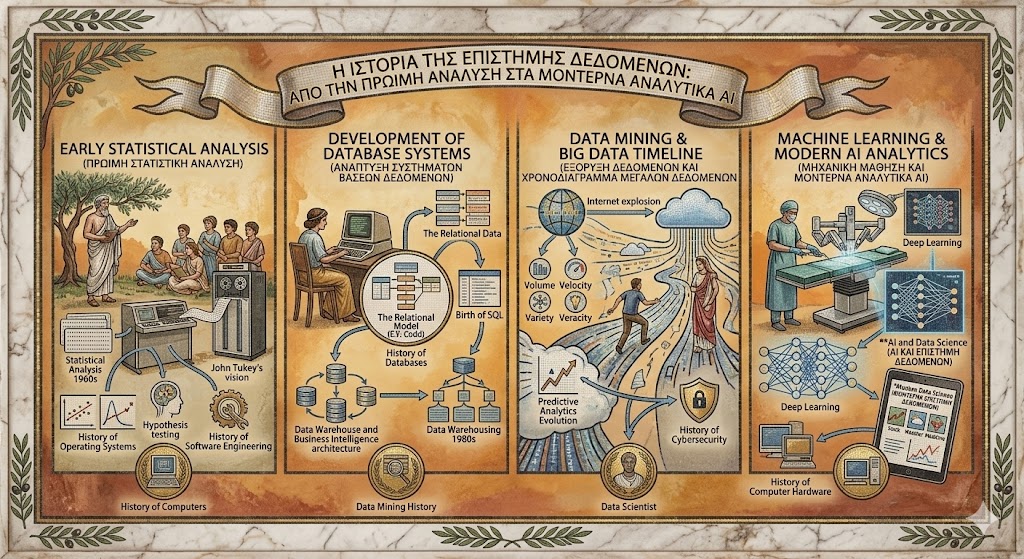 An educational infographic titled History of Data Science, presenting four chronological panels that trace the field from Early Statistical Analysis to Modern AI Analytics. The visual moves from ancient-style teaching scenes of John Tukey’s vision to the Development of Database Systems and the Big Data Timeline with the internet explosion. It concludes with a high-tech panel on Machine Learning History, illustrating deep learning neural networks and robotic surgery to show how data-driven insights now power modern medicine and real-time predictive technology.
