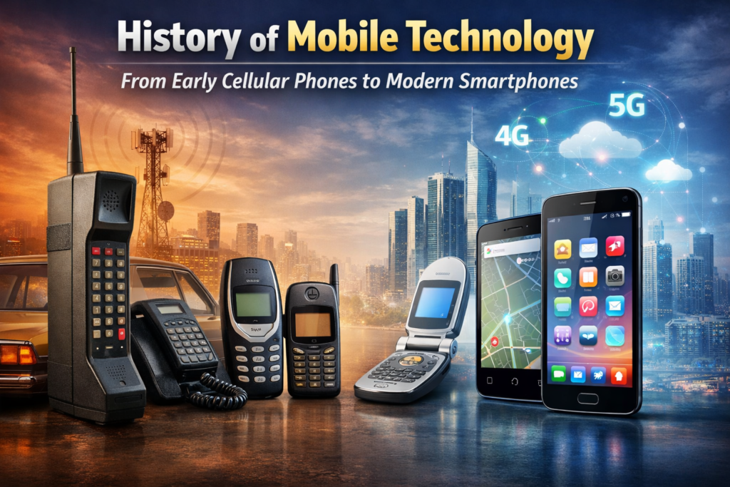 A visual timeline showing the evolution of mobile technology from early brick-style cellular phones of the 1980s to modern touchscreen smartphones. The image displays different generations of mobile devices placed side by side, highlighting their changing designs and features. Communication towers and a futuristic city skyline in the background represent the development of 3G, 4G, and 5G networks. The scene illustrates the transformation from simple wireless calling devices to powerful modern smartphones.