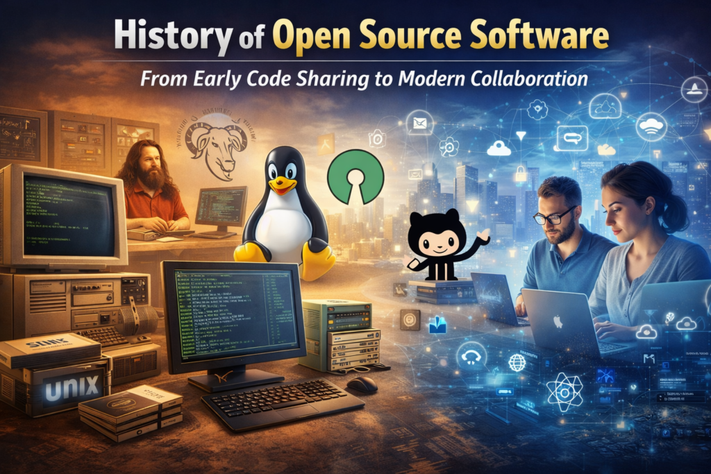 A visual timeline showing the history of open source software from early code-sharing in UNIX computer labs to modern collaborative development. The image features vintage computers, Tux the Linux penguin, and GitHub’s Octocat, representing key milestones and contributors. On the right, developers work on laptops surrounded by modern open source project icons, illustrating the evolution of global collaboration and software innovation.