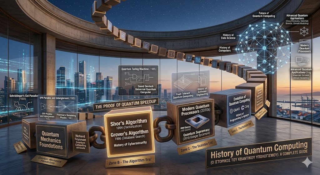 An educational infographic illustrating the History of Quantum Computing, featuring a timeline of glowing blocks in a high-tech observatory. The journey begins with Quantum Mechanics Foundations and the theoretical work of Richard Feynman, leading to the pivotal "Algorithm Era" defined by Shor’s Algorithm 1994 and Grover’s Algorithm 1996. Later blocks showcase the rise of Modern Quantum Processors, Quantum Supremacy, and the development of Fault-Tolerant Quantum Computing, concluding with a neural network sphere representing the future of advanced quantum applications in science and medicine.