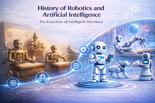 Infographic showing the history of robotics and artificial intelligence from early mechanical automatons to modern AI-powered robots. It illustrates the evolution from historical robotic concepts and mechanical machines to advanced humanoid robots, robotic arms, and service robots. A glowing timeline connects past inventions with modern intelligent machines used in industry and technology. The graphic highlights the development of robotics and AI leading to smart automation and future robotic innovations.