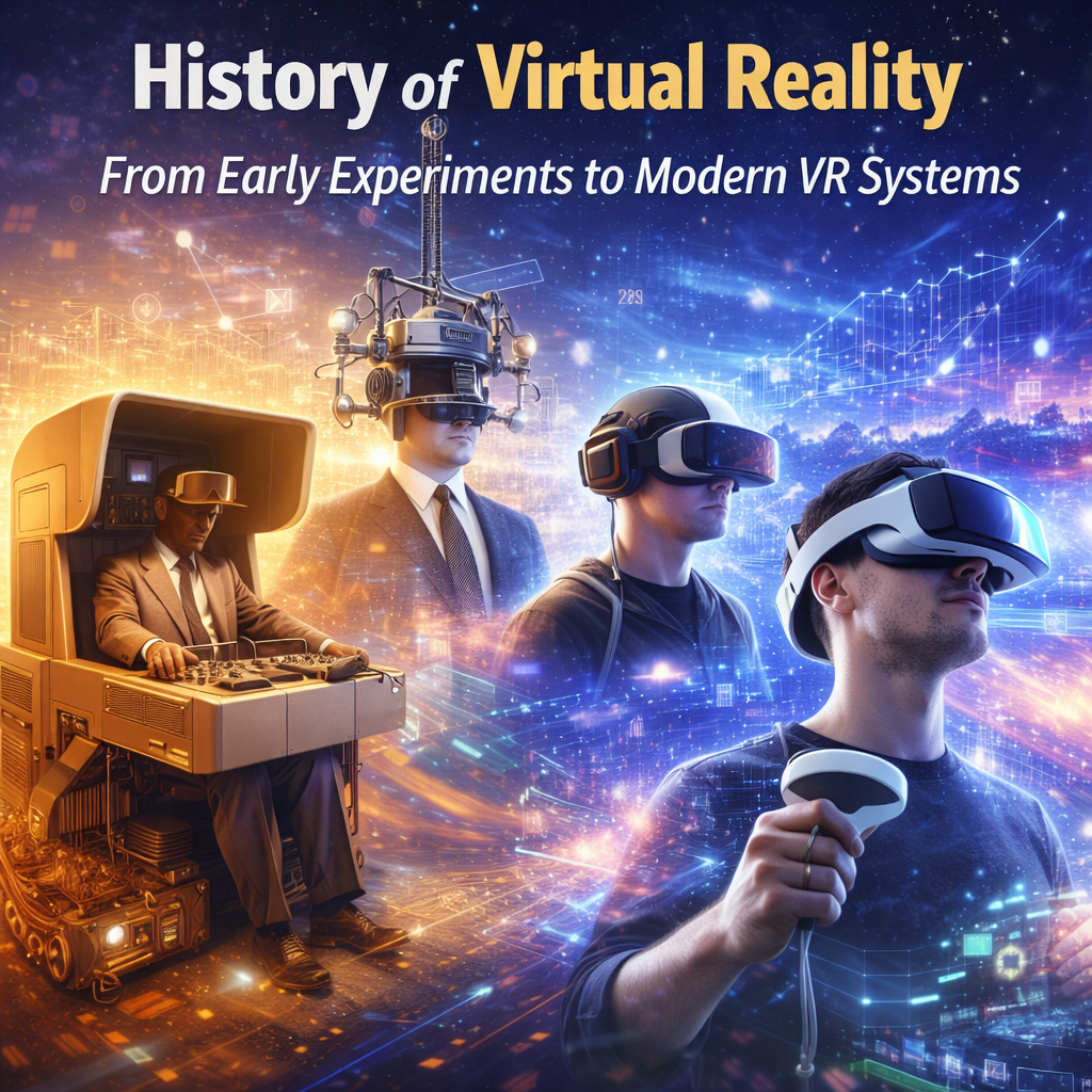 A digital illustration showing the evolution of virtual reality technology from early experimental machines to modern VR headsets. The image features historical VR devices, early head-mounted displays, and modern immersive VR systems used for gaming and simulations. A futuristic background with digital graphics represents technological progress over the decades. The title “History of Virtual Reality: From Early Experiments to Modern VR Systems” highlights the development timeline of VR technology.