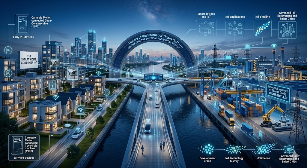 An educational infographic illustrating the History of the Internet of Things, showing the evolution from the 1982 Carnegie Mellon connected Coca-Cola machine to modern Advanced IoT Ecosystems and Smart Cities. The visual contrasts a residential "Smart Home" featuring consumer IoT applications with an "Industrial Internet of Things (IIoT)" shipping port powered by Industry 4.0 automation. Glowing data streams connect autonomous vehicles, smart grids, and robotic cranes, depicting the IoT technology history as a bridge between the physical and digital worlds.