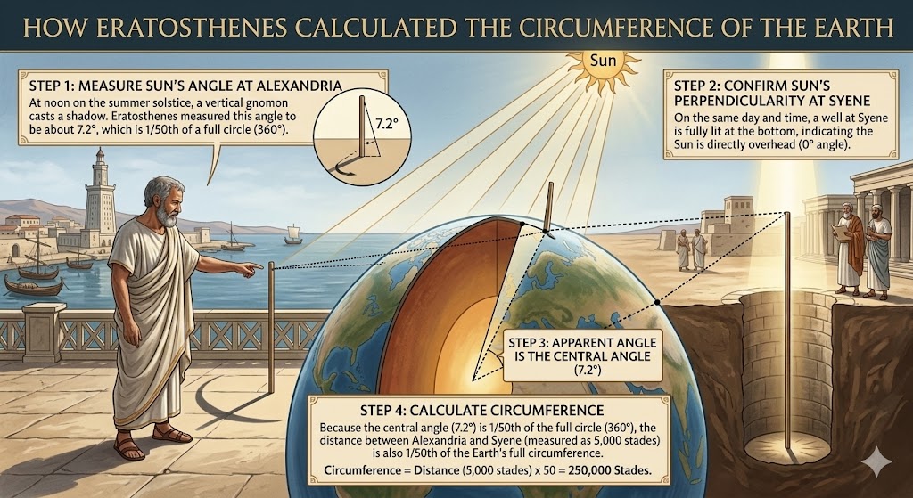 A detailed educational infographic titled "How Eratosthenes Calculated the Circumference of the Earth," featuring a cross-section of the Earth and historical scenes from ancient Egypt. To the left, Eratosthenes stands in Alexandria measuring a $7.2^\circ$ shadow cast by a gnomon, while to the right, a deep well in Syene is shown with the sun directly overhead, casting no shadow.The central diagram uses geometric lines to show that the $7.2^\circ$ angle at the surface is equal to the angle at the Earth's center between the two cities. Four labeled steps explain the calculation: since $7.2^\circ$ is $1/50$th of a full circle ($360^\circ$), the distance between the cities (5,000 stades) is multiplied by 50 to find the total circumference of 250,000 stades.
