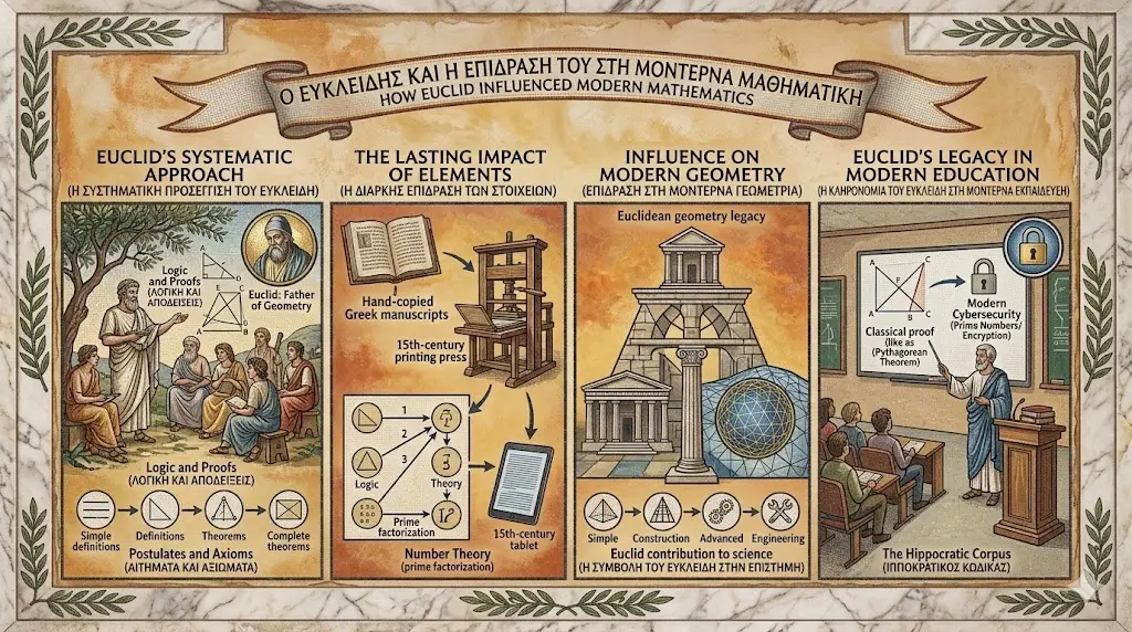 An educational infographic illustrating how Euclid influenced modern mathematics, highlighting the evolution from ancient Greek manuscripts to digital age technology. The visual explores Euclid’s systematic approach to Logic and Proofs, the impact of the printing press on his Elements of Geometry, and his foundational contributions to modern engineering and architecture. It concludes with a panel on Euclid’s Legacy in education, showcasing how his ancient Number Theory and prime factorization methods remain essential for modern cybersecurity and encryption.