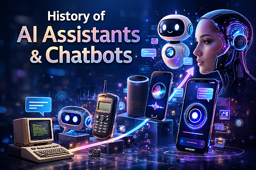 iInfographic illustrating the history of AI assistants and chatbots, showing the evolution from early chatbot programs like ELIZA and PARRY to modern conversational AI systems. The graphic highlights the development of intelligent chatbots and virtual assistants powered by natural language processing and machine learning. It also depicts modern AI assistants used in smartphones, smart speakers, and digital platforms.