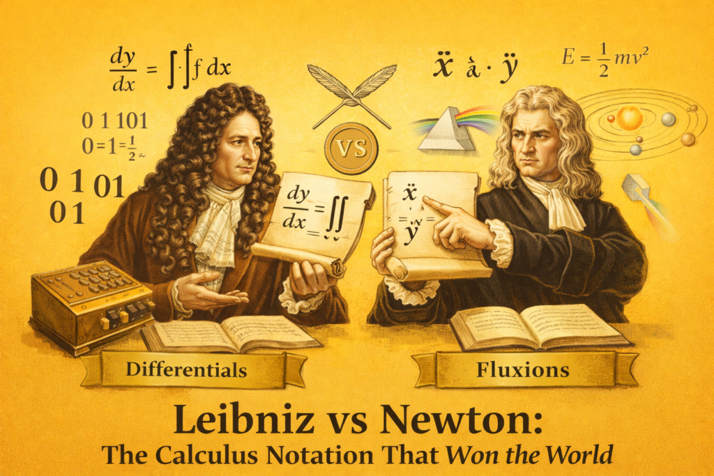 Leibniz vs Newton calculus notation illustrated with both mathematicians presenting their symbolic systems on a vibrant yellow background. The image highlights Leibniz’s differential notation dy dx and integral symbols alongside Newton’s fluxion dot notation. Scientific elements like binary numbers, planetary motion, and mathematical formulas emphasize their groundbreaking contributions. This visual represents the historic rivalry that shaped modern calculus and mathematical communication. The comparison clearly shows why Leibniz notation became the global standard in mathematics.